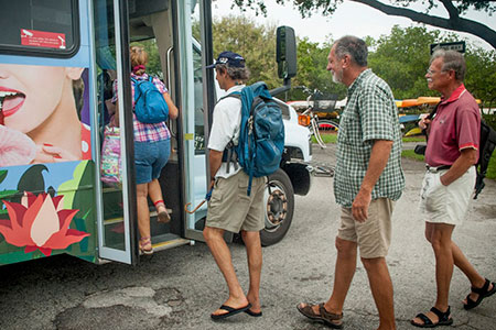 Group boarding a bus